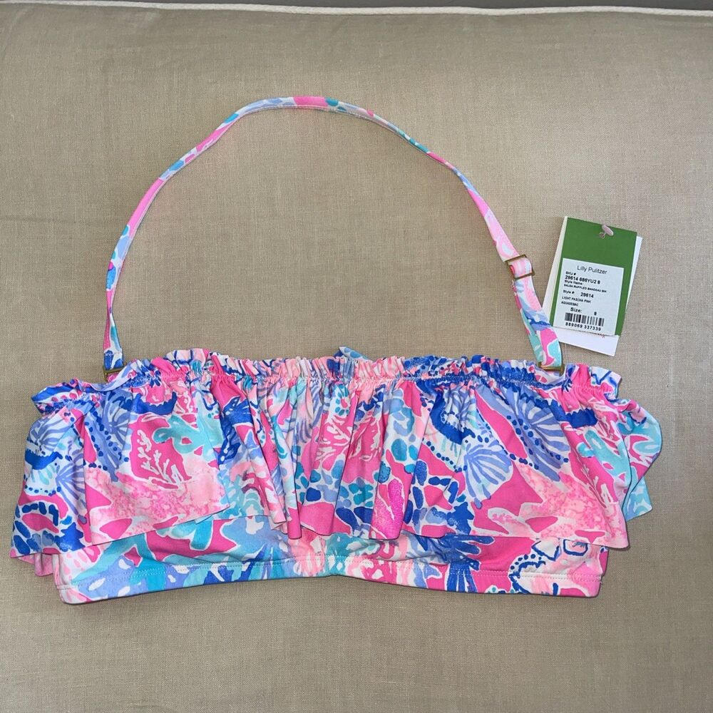 NWT Lilly Pulitzer Salsa Ruffled Bandeau Bikini Light Pascha Pink Aquadesiac 8 - Picture 2 of 5